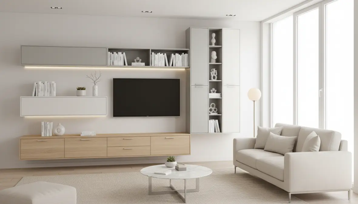 Parete attrezzata salvaspazio per soggiorno piccolo con mobile TV