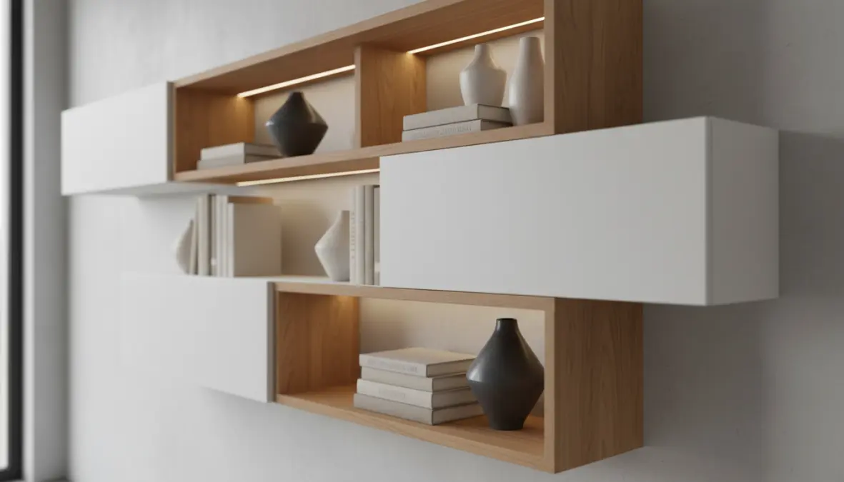 Dettaglio parete attrezzata moderna componibile con mensole design illuminate e contenitori a giorno