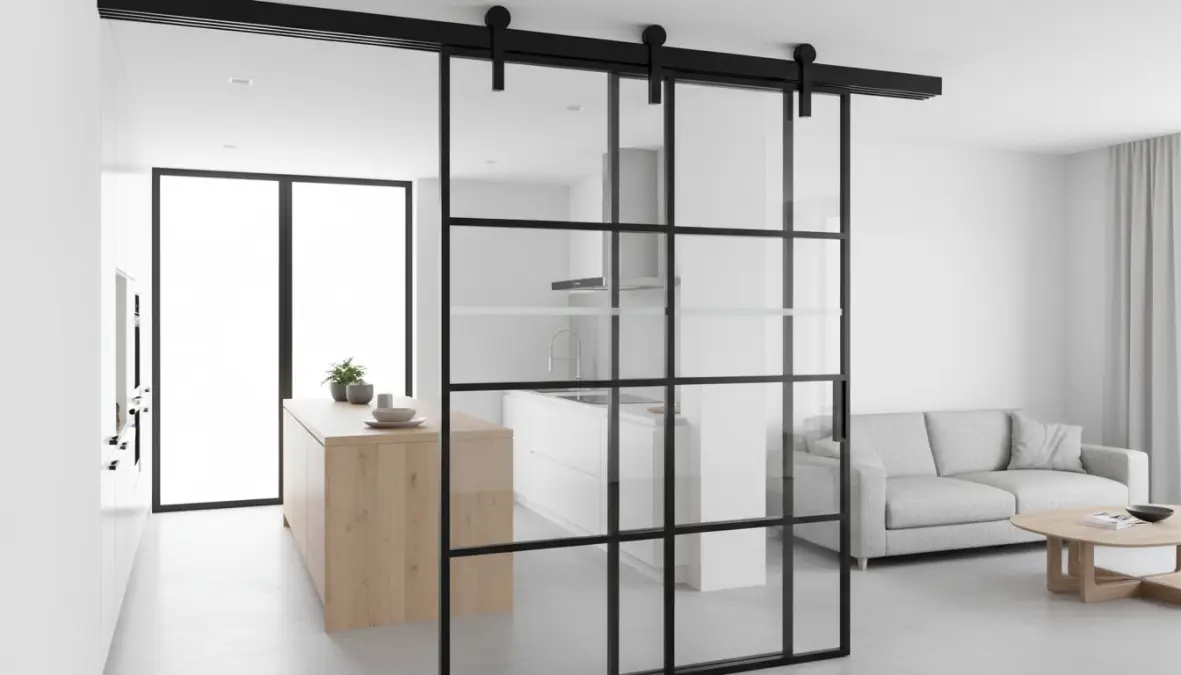 Parete divisoria scorrevole in vetro con telaio nero per dividere cucina e soggiorno