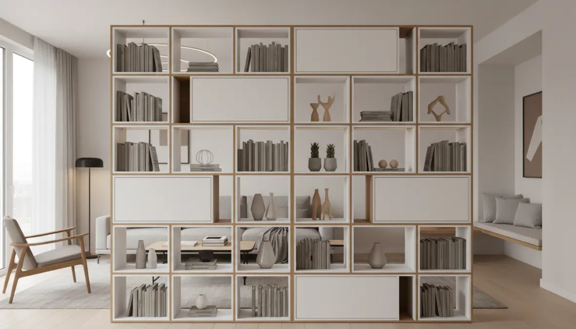 Libreria bifacciale divisoria bianca come parete attrezzata per separare ambienti moderni