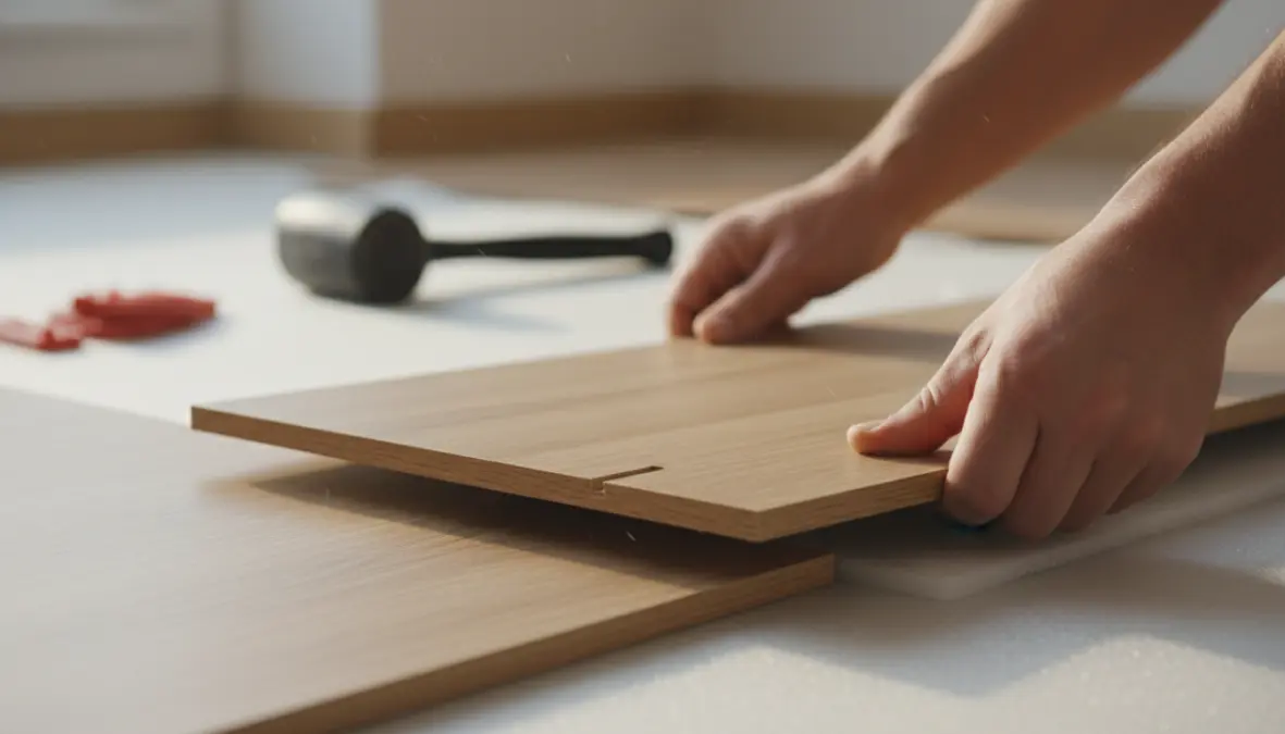 Dettaglio installazione parquet flottante con sistema incastro a click e materassino isolante