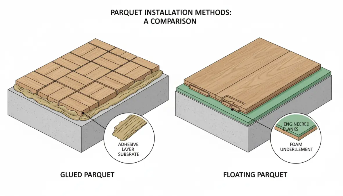 Confronto visivo tra posa parquet incollato e parquet flottante su massetto