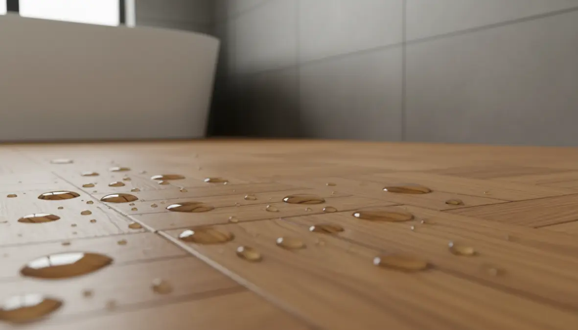 Dettaglio parquet in teak per bagno con trattamento impermeabilizzante e gocce d'acqua