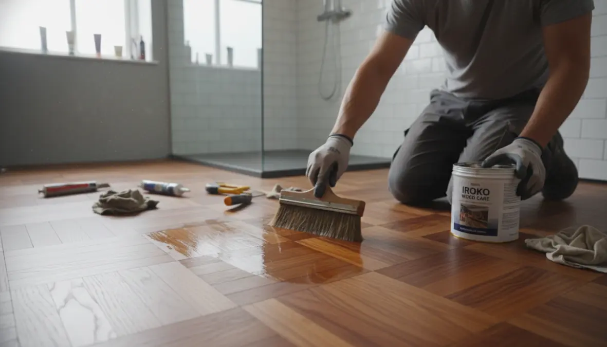 Applicazione trattamento protettivo olio su parquet in legno iroko per bagno umido