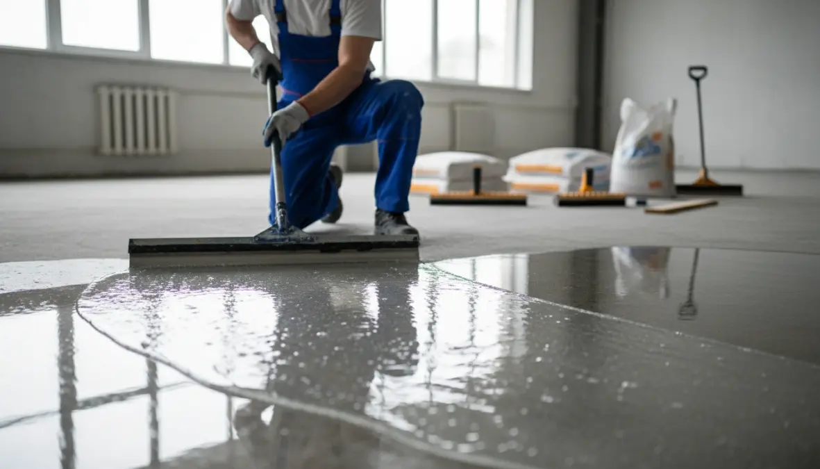 Applicazione di resina epossidica autolivellante per pavimenti interni