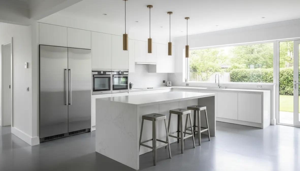 Cucina moderna con pavimento in resina continuo e impermeabile