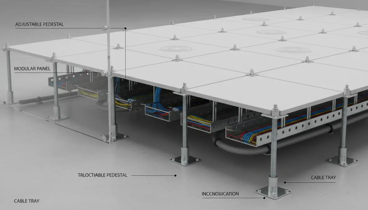 Dettaglio tecnico di pavimento sopraelevato con supporti regolabili e intercapedine per cablaggi