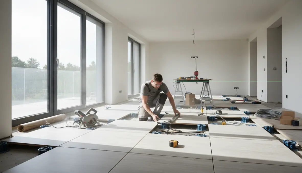 Installazione pavimento modulare sopraelevato in ambiente residenziale con pannelli e supporti
