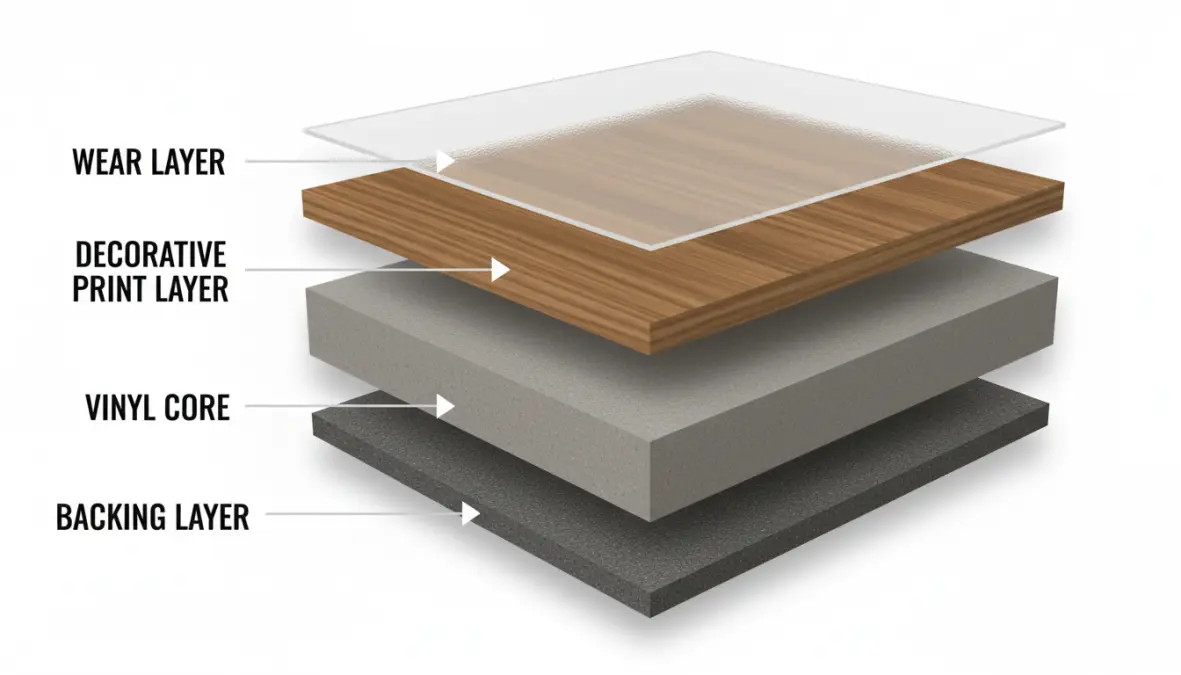 Struttura a strati del pavimento vinilico LVT con strato di usura e supporto