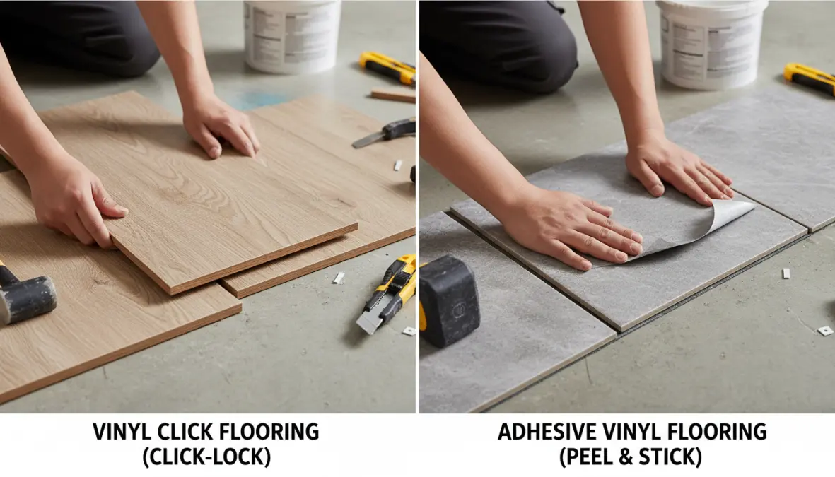 Confronto tra posa pavimento vinilico click e pavimento vinilico adesivo