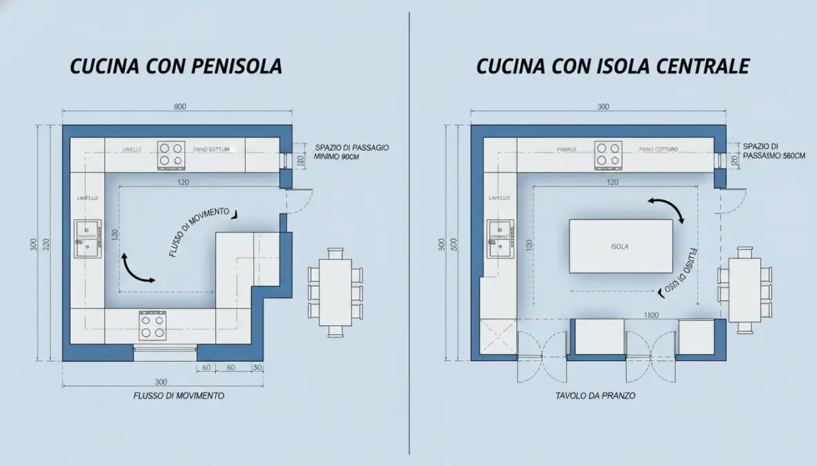 Confronto tra disposizione cucina con penisola e isola cucina, planimetria con dimensioni e spazi di passaggio