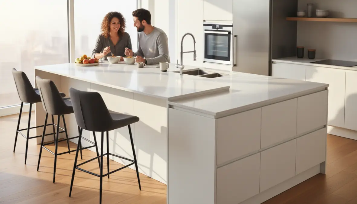 Penisola cucina moderna con piano snack e sgabelli, bancone cucina utilizzato come zona colazione