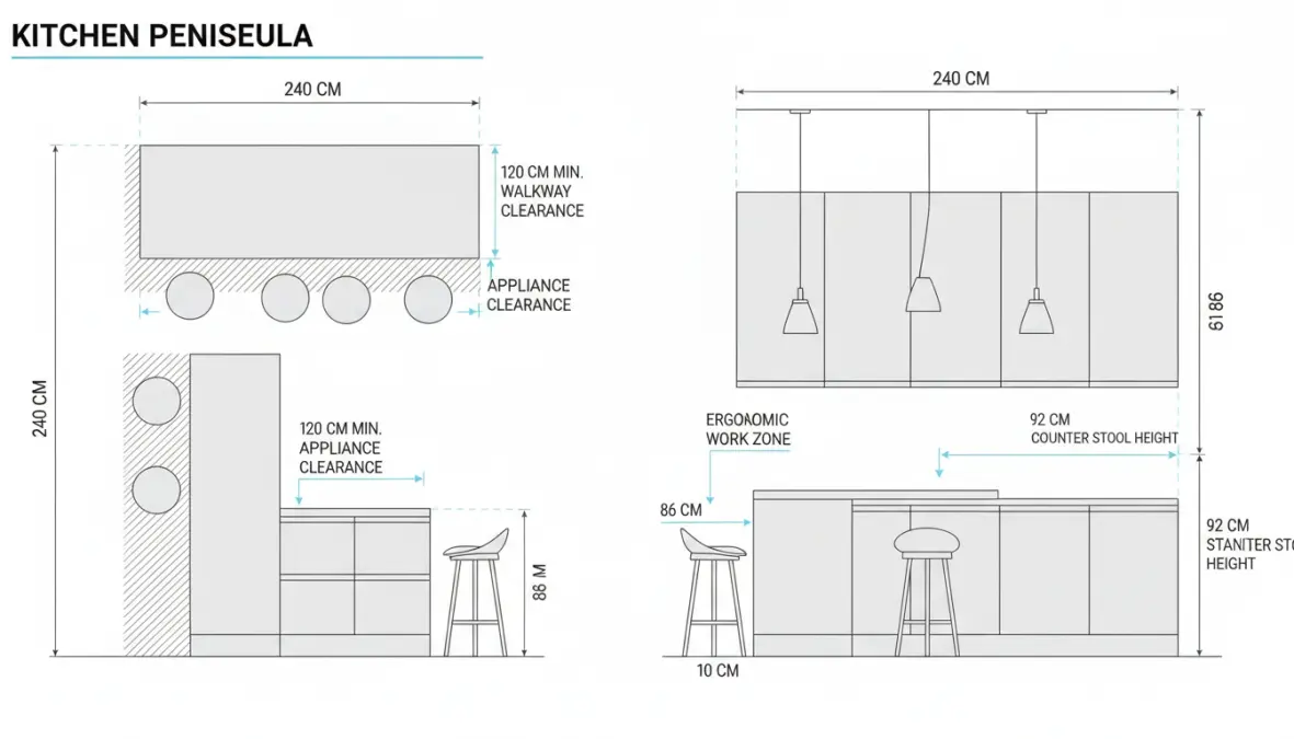 Schema dimensioni penisola cucina con misure minime, altezze standard e spazi di passaggio per progettare correttamente