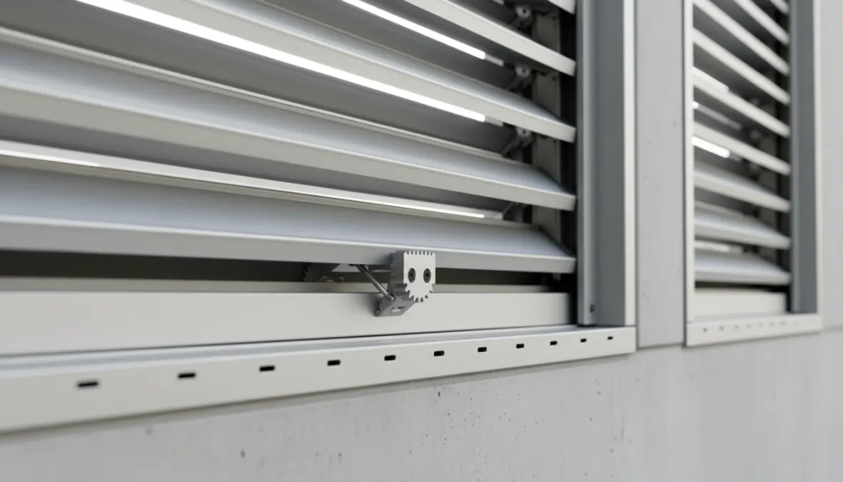 Dettaglio lamelle orientabili di pergolato bioclimatico in alluminio con sistema di rotazione