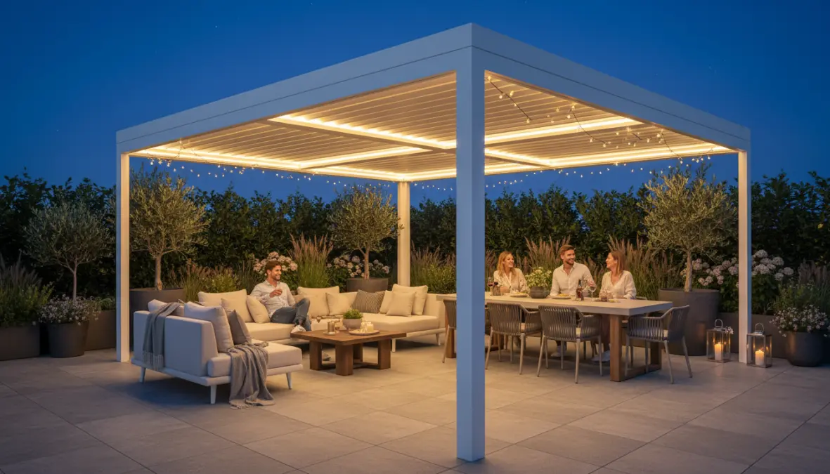 Zona relax esterna coperta da pergola bioclimatica con illuminazione LED integrata