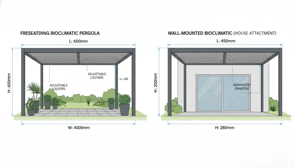 Tipologie di pergolato bioclimatico autoportante e addossato per terrazzi e giardini