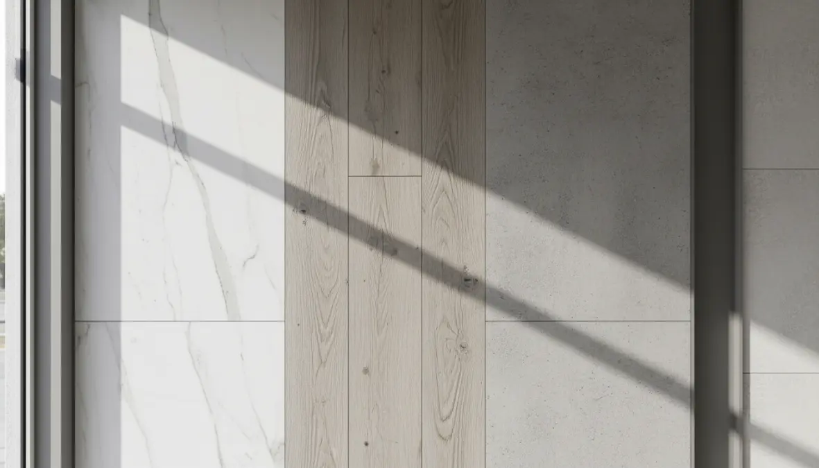 Campionatura di piastrelle bagno in gres porcellanato con diversi effetti e finiture moderne