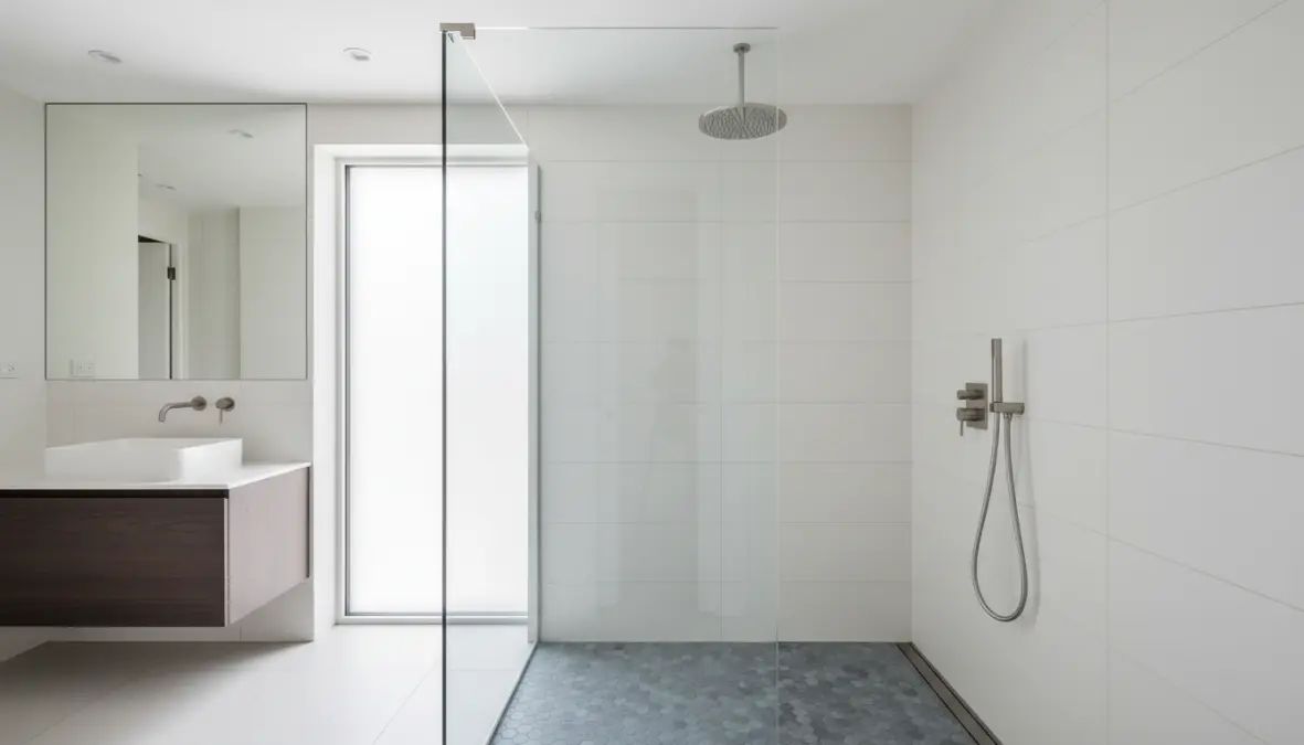 Zona doccia con piastrelle mosaico antiscivolo abbinate a rivestimenti bagno formato grande