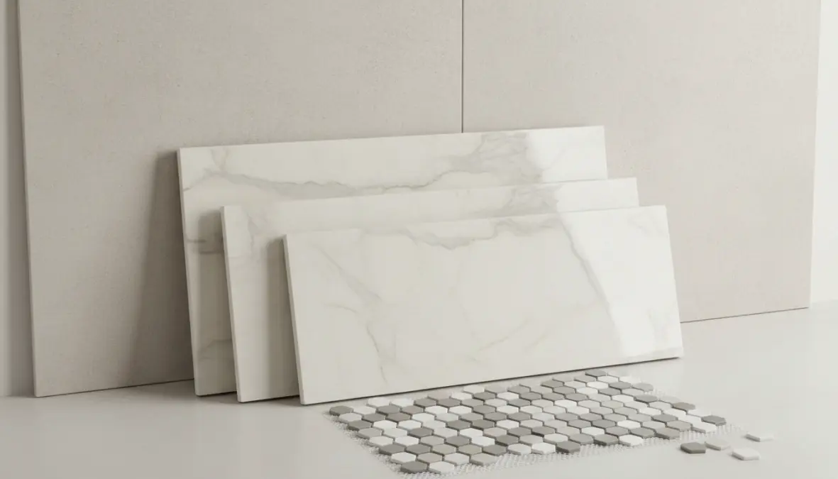 Confronto formati piastrelle bagno: grande formato, medio e mosaico