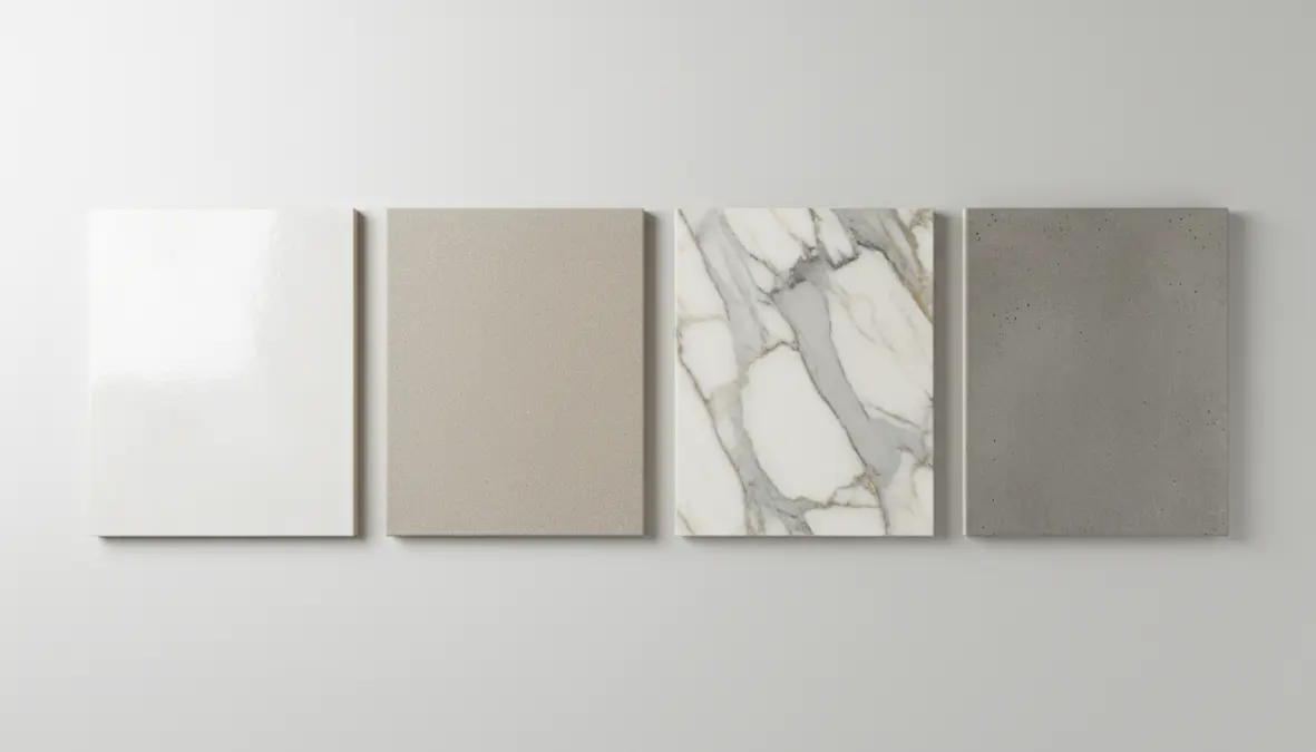 Dettaglio di diverse tipologie di piastrelle per cucina in gres porcellanato e ceramica