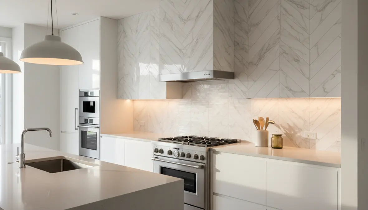 Rivestimento parete cucina moderna con piastrelle formato grande effetto marmo