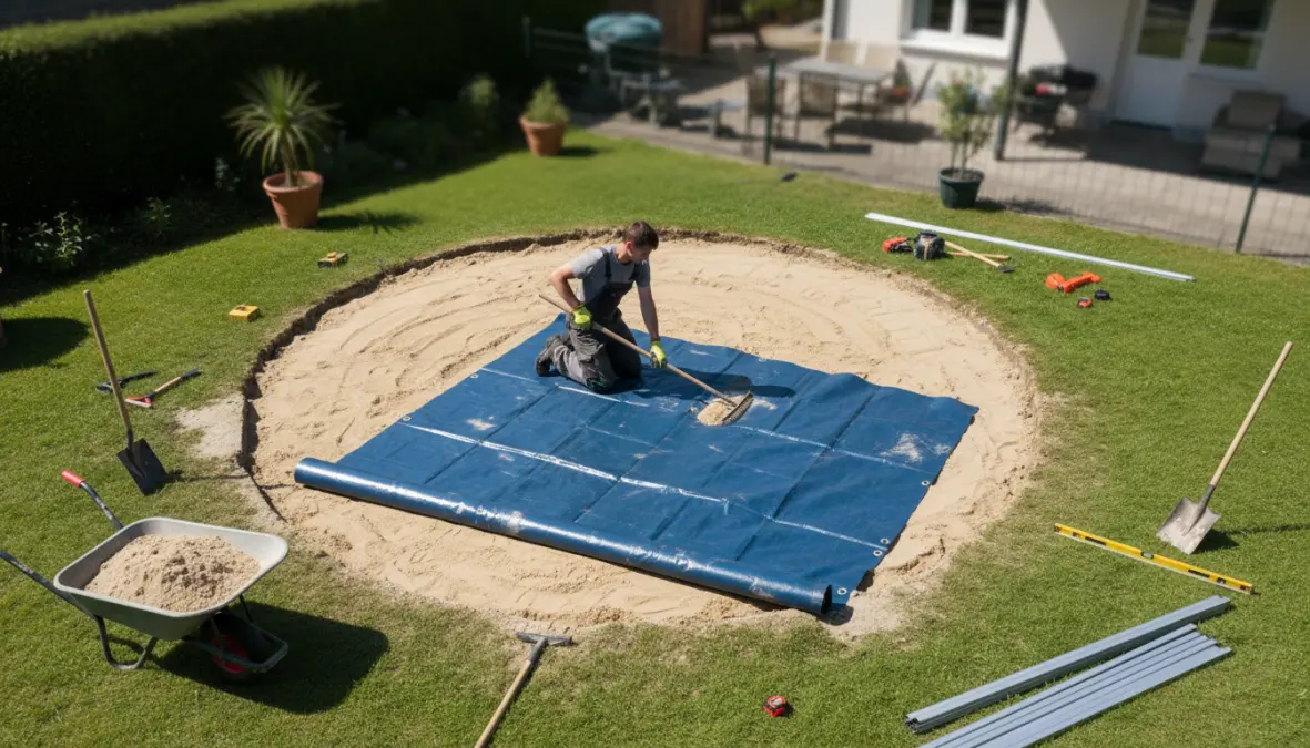 Preparazione del terreno e installazione di una piscina fuori terra in giardino con telo base