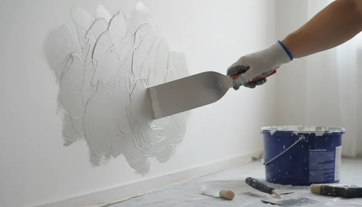 Applicazione pittura effetto cemento spatolato con spatola americana su parete