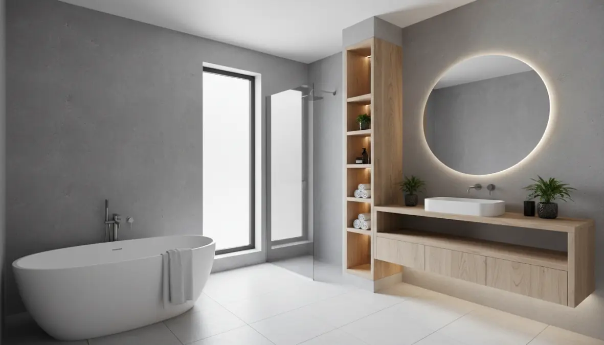 Bagno moderno con pittura effetto cemento grigio e finiture minimal