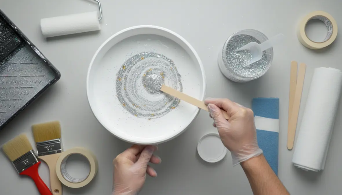 Preparazione pittura glitter fai da te con additivo brillantini miscelato in idropittura base
