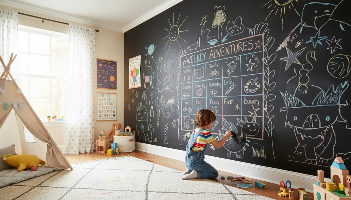 Pittura lavagna cameretta bambini con parete scrivibile per disegni e calendario settimanale