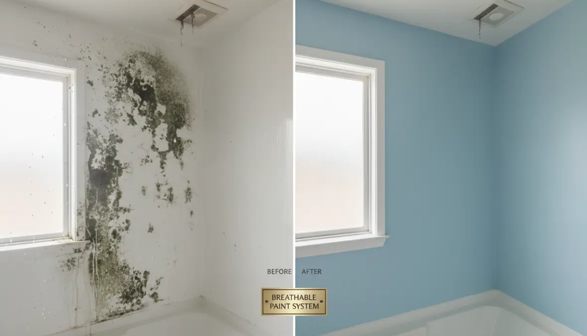 Confronto tra parete con pittura normale che presenta muffa e parete con pittura traspirante antimuffa in bagno