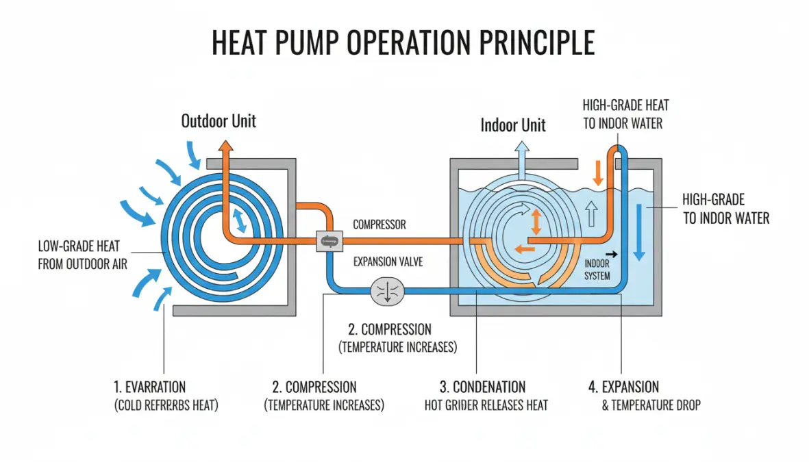 Schema funzionamento pompa di calore aria acqua con trasferimento energia termica