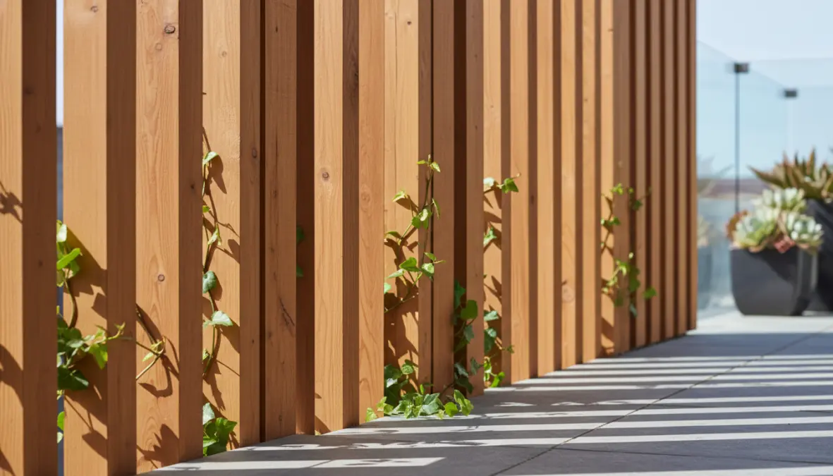Pannelli frangivento in legno per terrazzo con piante rampicanti