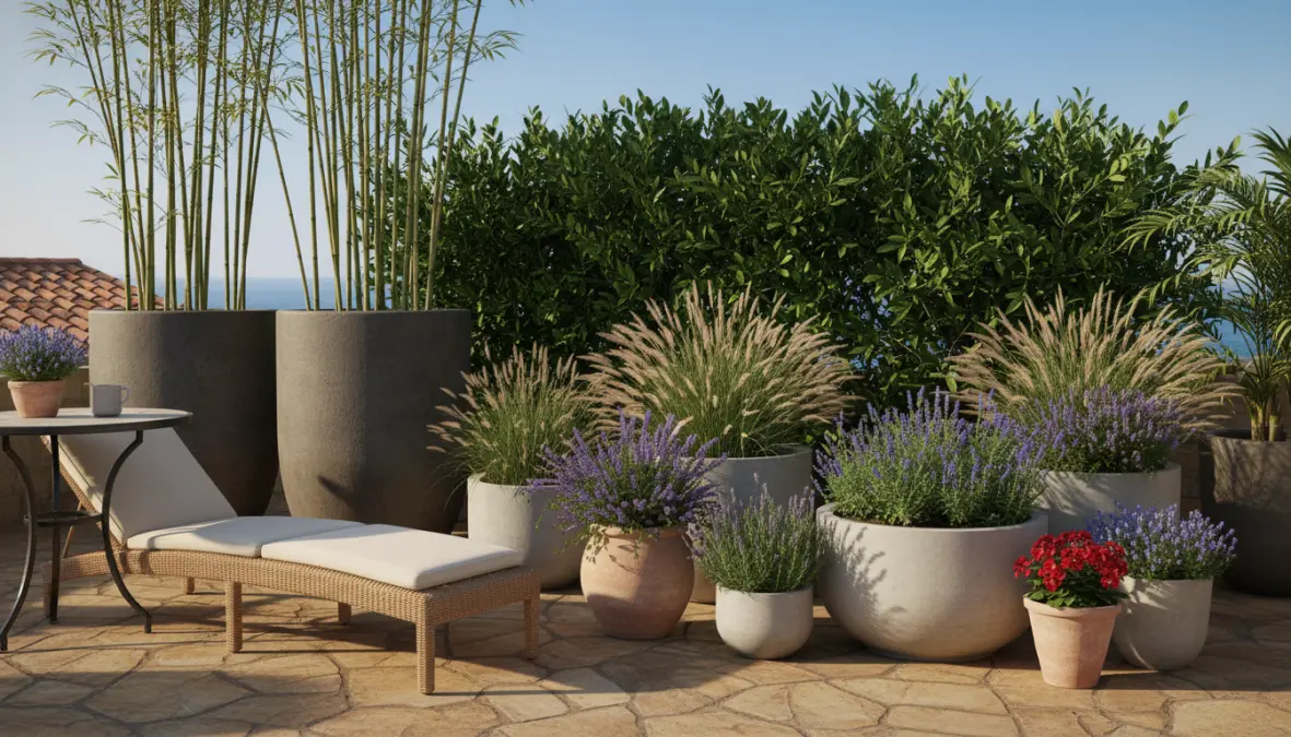 Piante resistenti al vento che fungono da barriera frangivento naturale per terrazzo