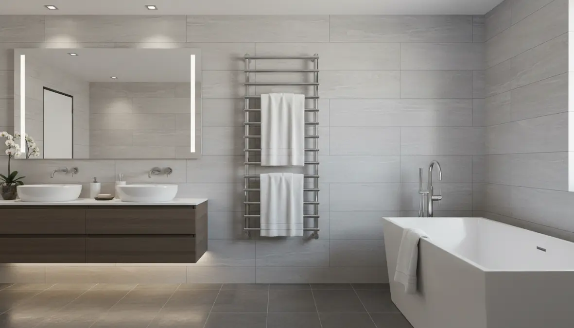 Scaldasalviette design cromato in bagno moderno con asciugamani bianchi