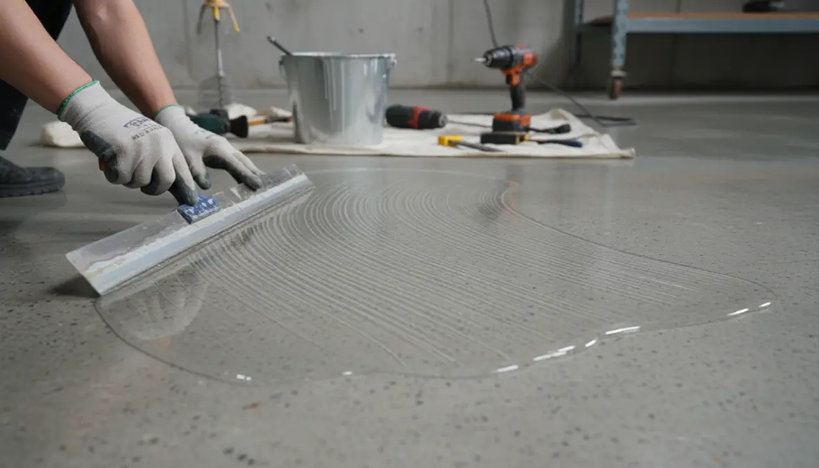 Applicazione resina epossidica autolivellante su pavimento con spatola e rullo