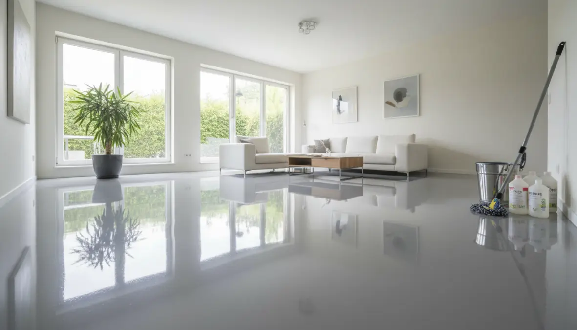 Manutenzione e pulizia di pavimento in resina epossidica lucida per interni