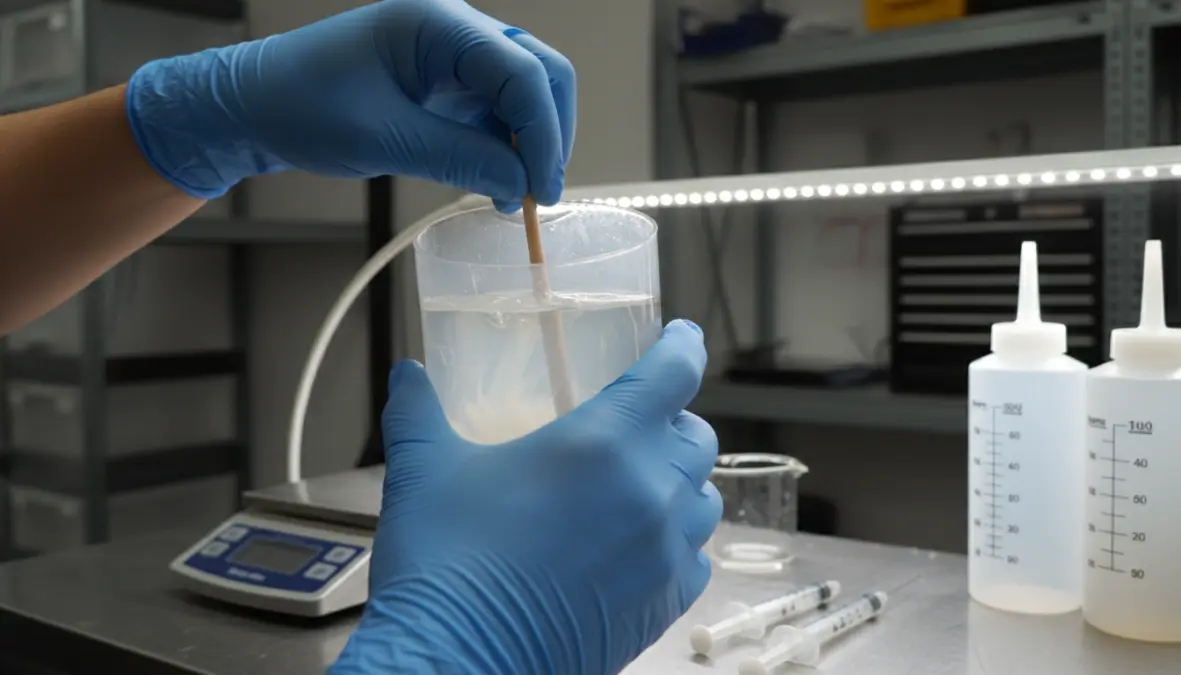 Miscelazione della resina epossidica bicomponente con indurente per preparazione tavolo