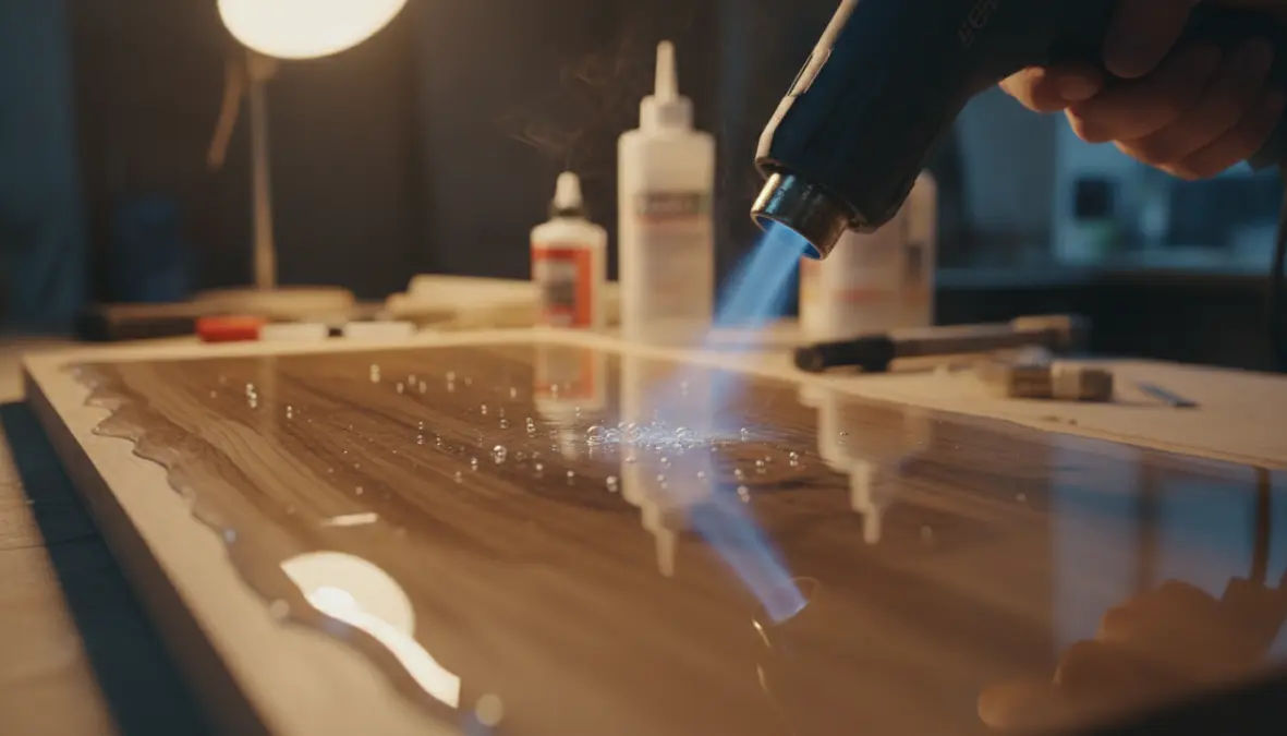 Rimozione bolle d'aria dalla resina epossidica trasparente con pistola termica