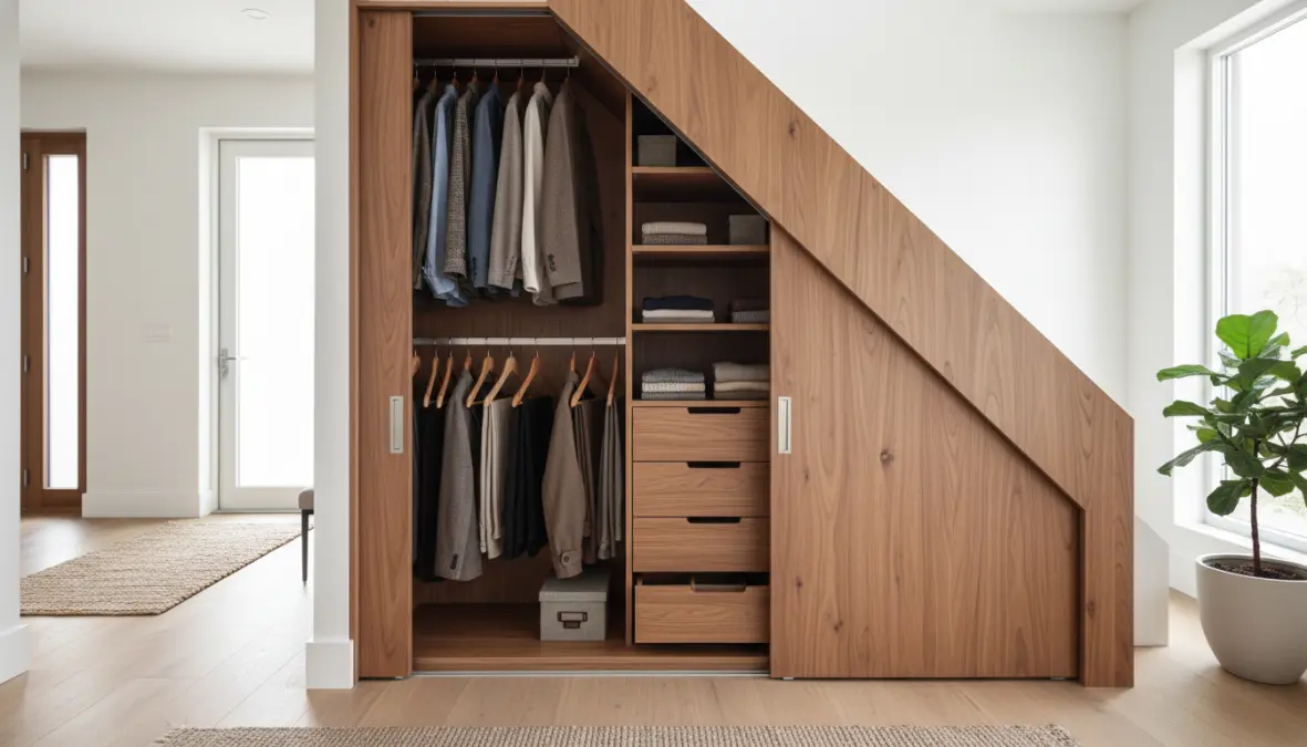 Armadio sottoscala su misura con ante scorrevoli e cassettiere estraibili organizzate