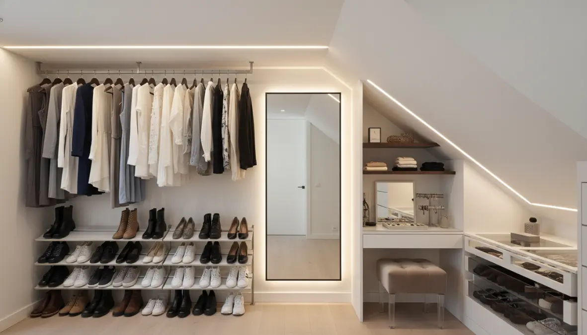 Cabina armadio sottoscala con illuminazione LED e guardaroba organizzato