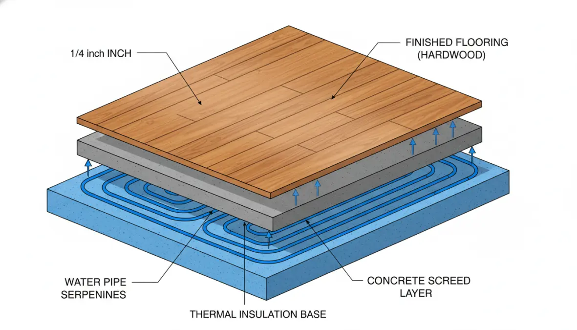 Schema tecnico del funzionamento del riscaldamento a pavimento con serpentine e massetto
