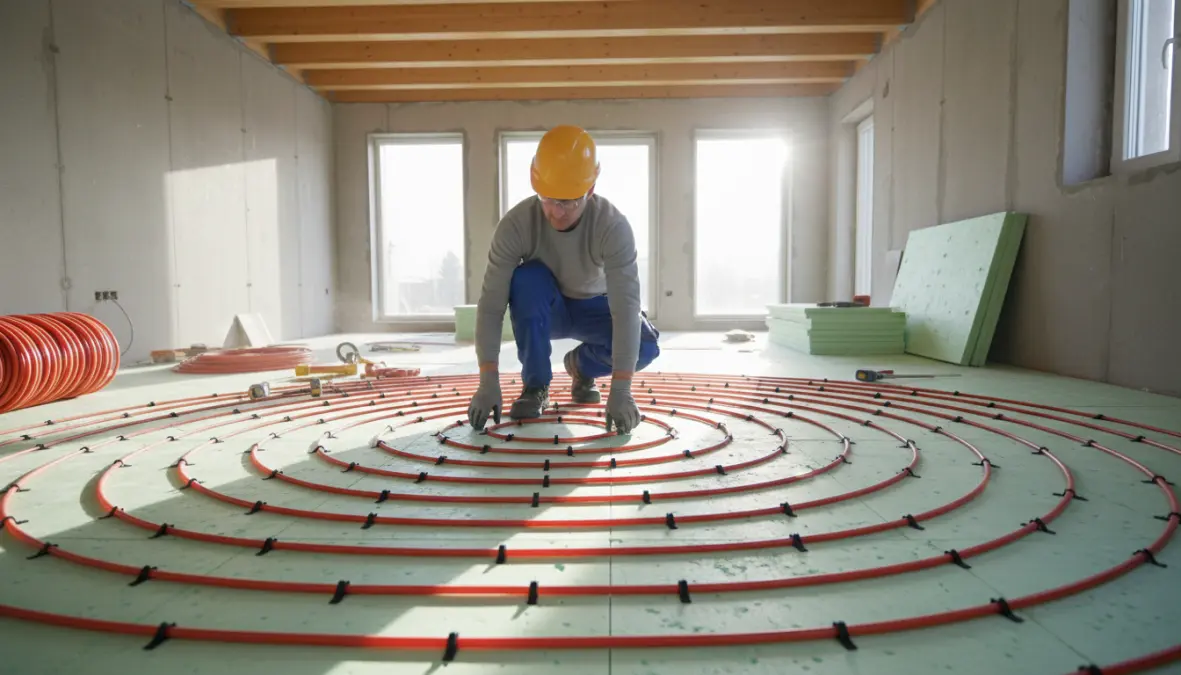 Installazione riscaldamento a pavimento con posa delle serpentine su pannelli isolanti