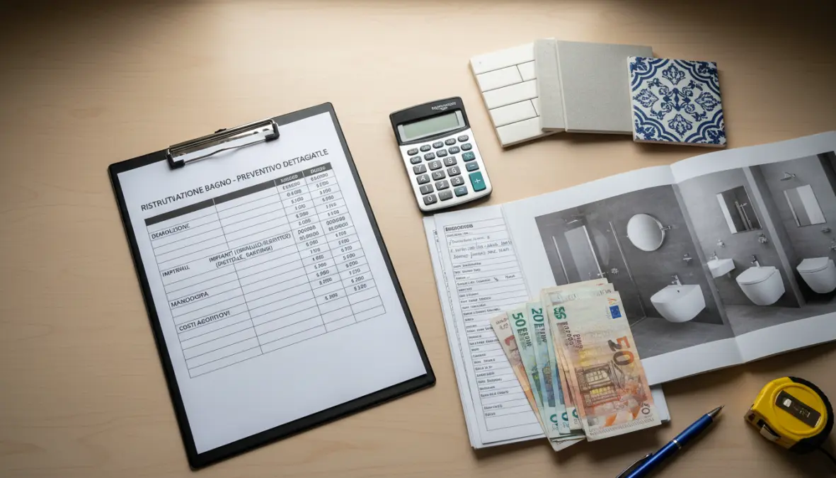 Preventivo ristrutturazione bagno con calcolo dei costi e campioni di materiali