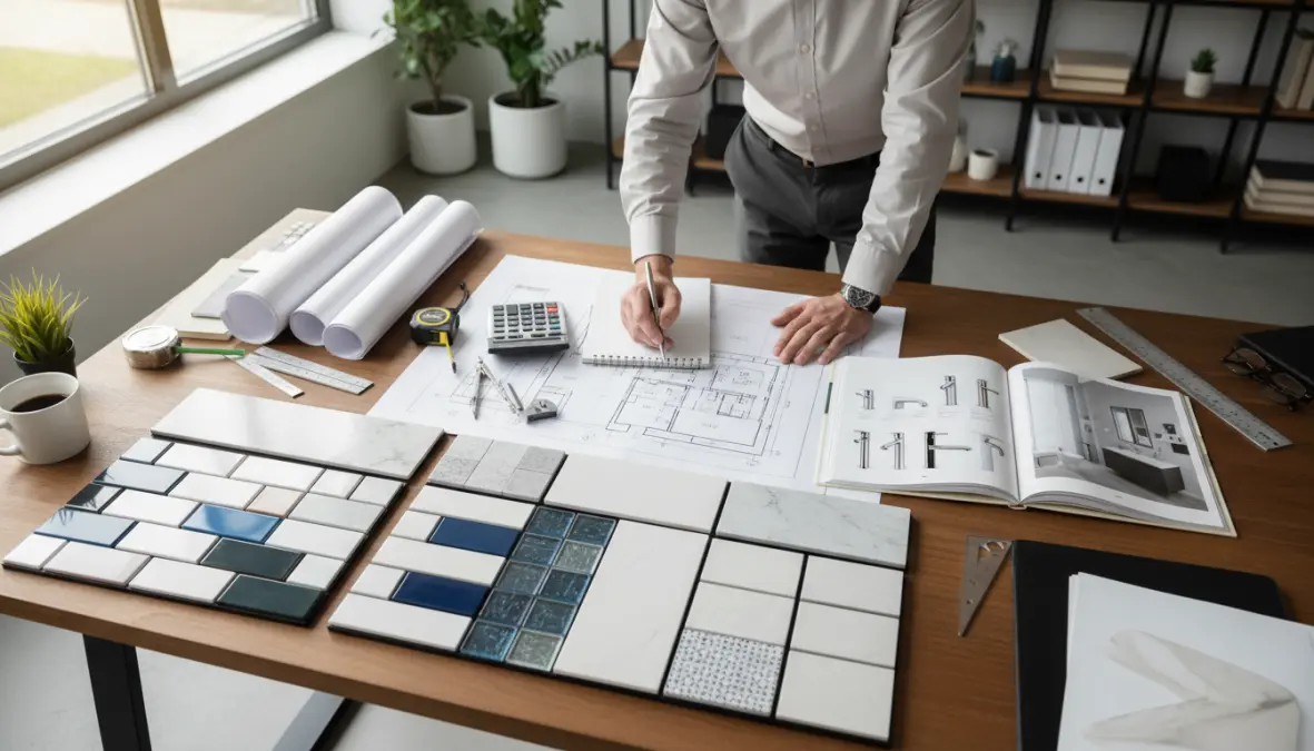 Progettazione bagno con planimetrie, campioni di materiali e preventivi per ristrutturazione