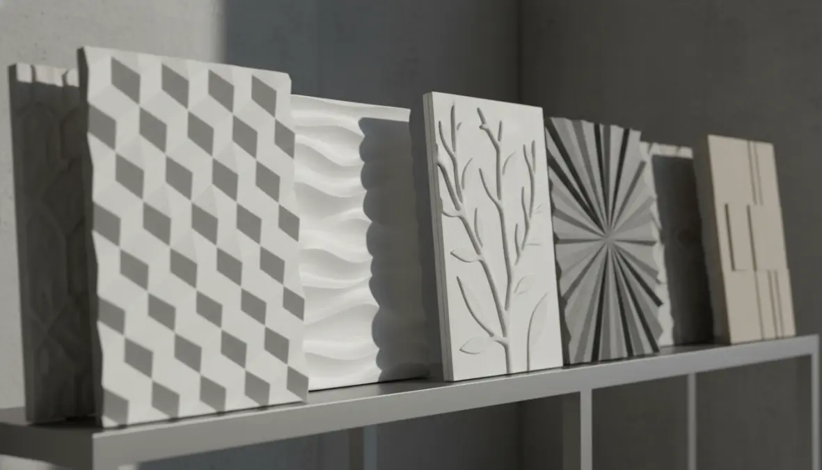 Campioni di pannelli decorativi 3D con diverse texture e pattern geometrici per rivestimenti murali