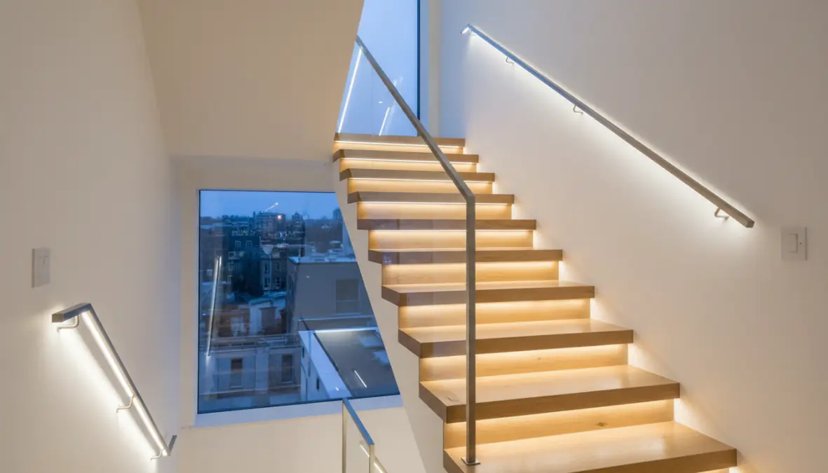 Scale interne design moderno con illuminazione LED integrata e finiture contemporanee