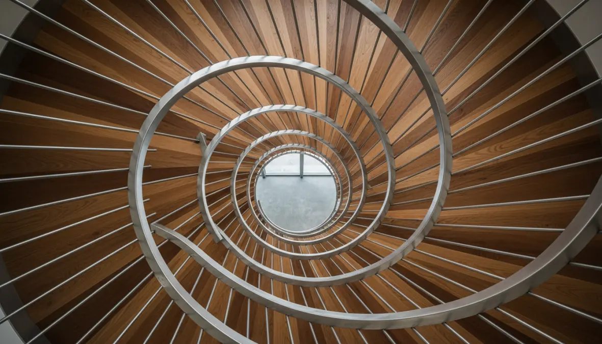Dettaglio scala a chiocciola con gradini in legno e struttura metallica vista dall'alto