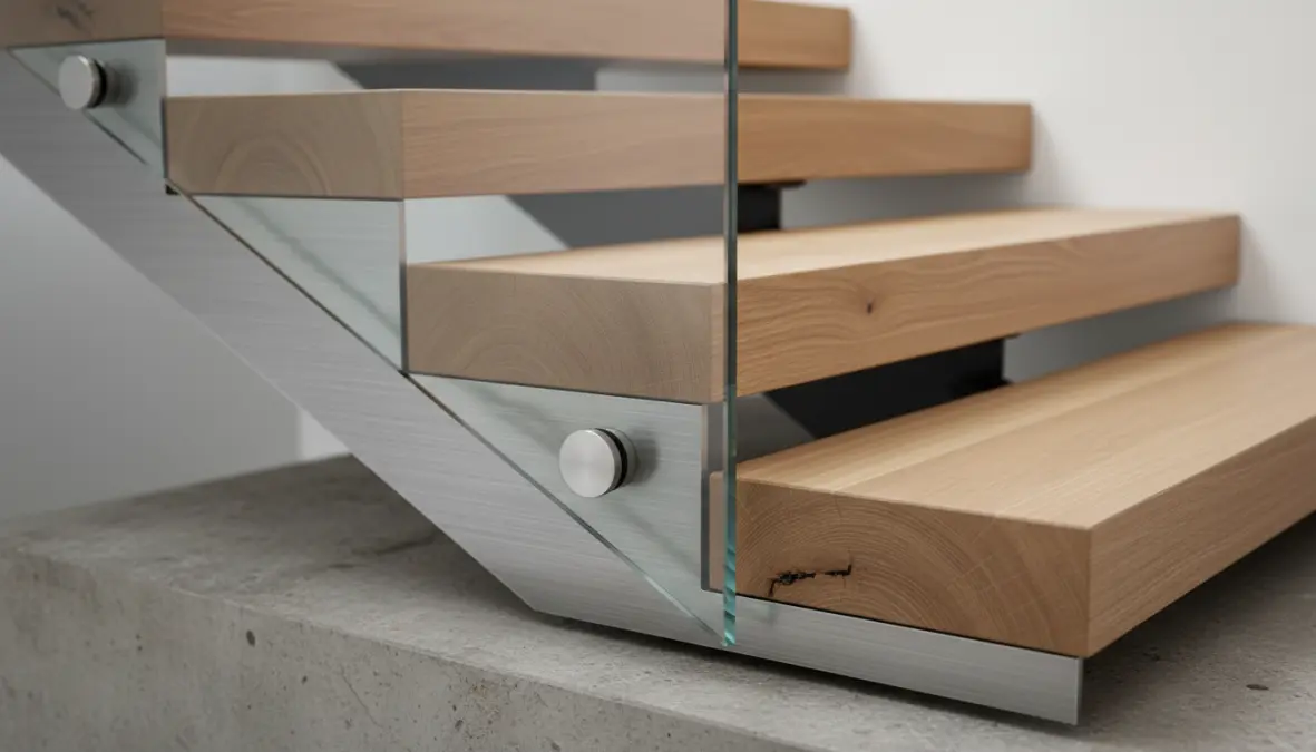 Dettaglio materiali scale moderne: legno, metallo, vetro e cemento combinati