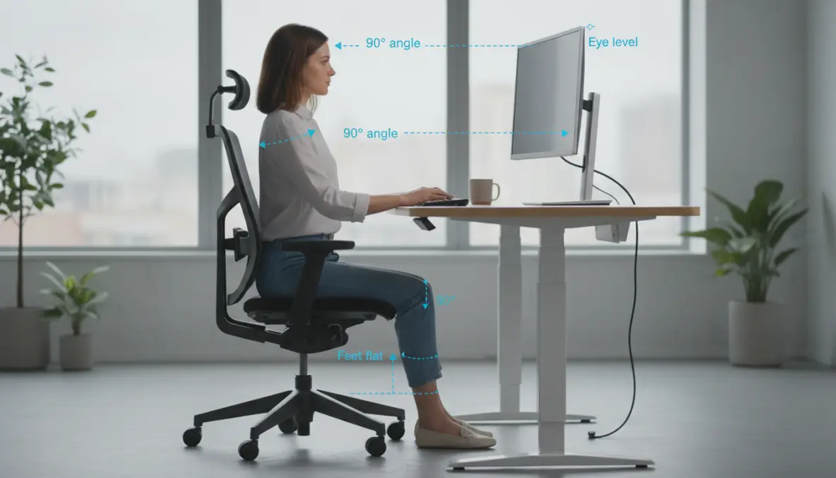 Postazione di lavoro ergonomica con corretta postura e angoli a 90 gradi tra scrivania e sedia ergonomica